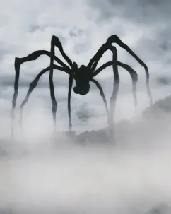 A giant, dark, spider-like creature with numerous long legs stands silhouetted against a cloudy sky and dense fog.